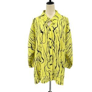 Ali Miles NWT Crinkle Crepe Neon Yellow & Black Abstract Wired Collar Tunic Top